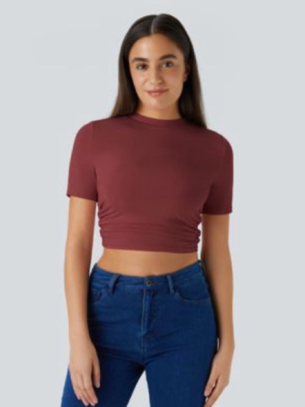Round Neck Short Sleeve Ruched Skinny Cropped Casual T-Shirt